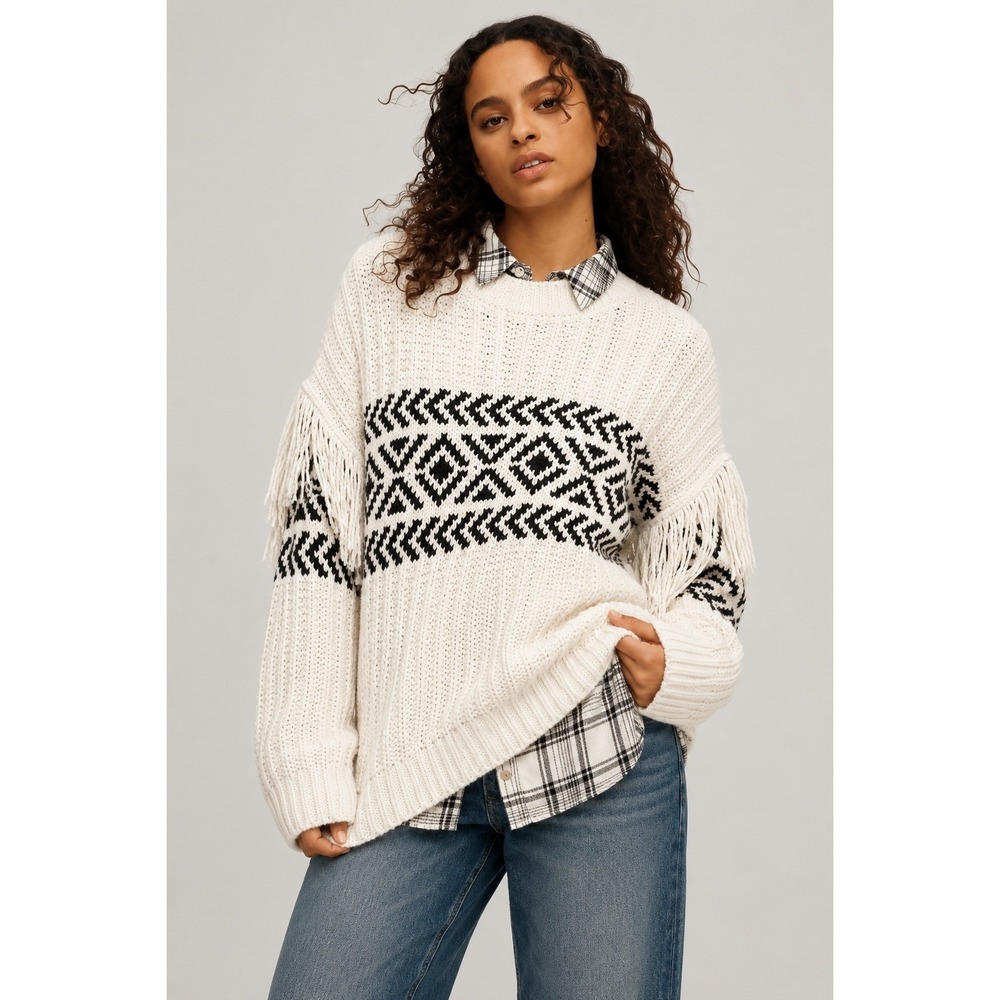 Sanctuary Fringe Geometric Ribbed Knit Sweater Cream Black XS Coastal Cozy